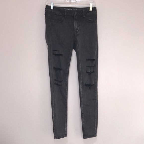 American Eagle black super super stretch mid rise ripped jeggings 4 - Picture 2 of 11